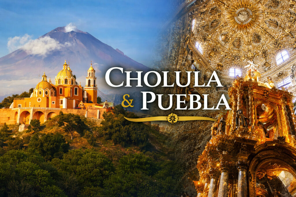 Pirámide de Cholula con el volcán Popocatépetl e interior de la Capilla del Rosario en Puebla - Tour Privato con Ulya y Arturo